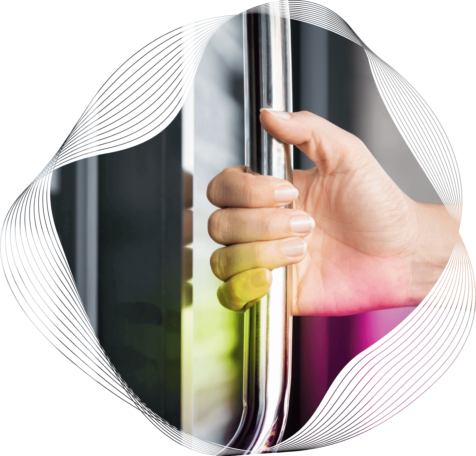 Close up of a hand gripping a vertical metal door handle
